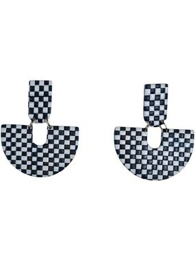 Navy & White Checkerboard Earrings OS — Graphic, Retro, Easy Statement